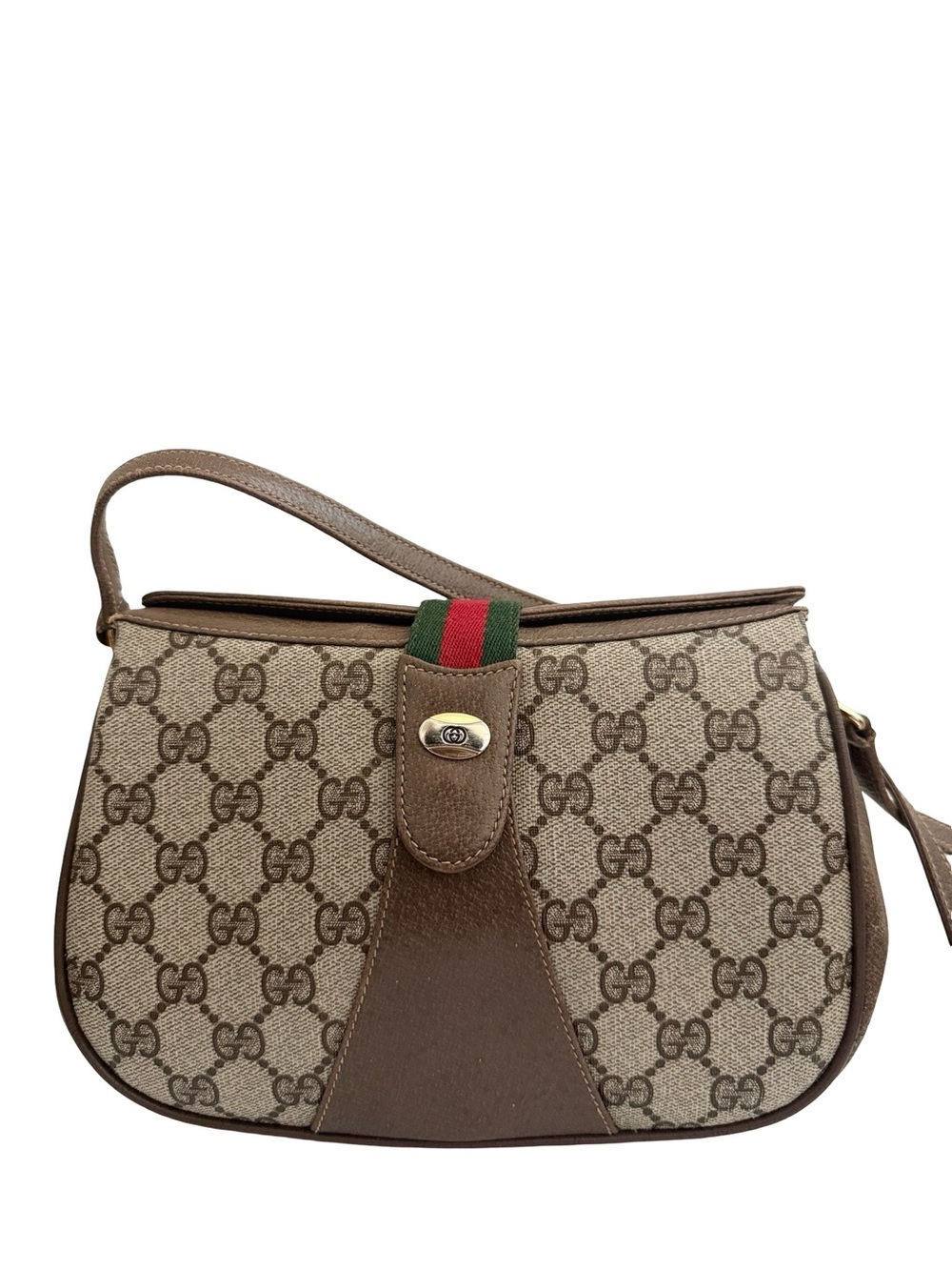 Gucci Brown GG Canvas Shoulder Bag with Green-Red Web